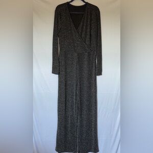 Black Shimmer Long Sleeve Wide leg Wrap-style w/ Ribbed texture Jumpsuit Sz 2X